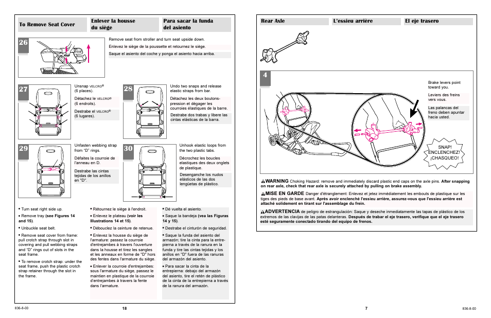 Rear axle l’essieu arrière el eje trasero, Mise en garde, Warning | Advertencia | Graco 7586 User Manual | Page 7 / 116