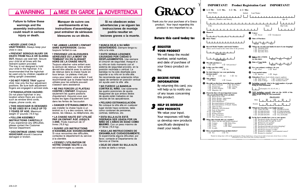 Warning advertencia mise en garde, Bm bl bn bt bu bs br bq bo bp cl cm cn co cp, Return this card today to | Important! product registration card important | Graco 3180 User Manual | Page 2 / 10