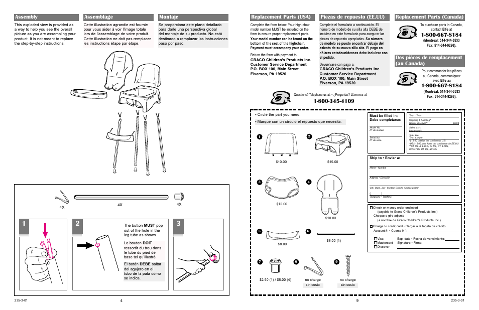 Assembly, Assemblage montaje, Replacement parts (usa) piezas de repuesto (ee.uu) | Replacement parts (canada), Des pièces de remplacement (au canada) | Graco 3180 User Manual | Page 4 / 10