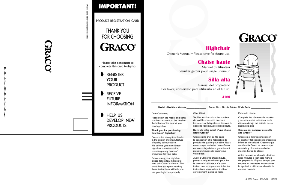 Important, Highchair, Chaise haute | Silla alta, Register, Your, Product, Receive, Future, Information | Graco 3180 User Manual | Page 9 / 10