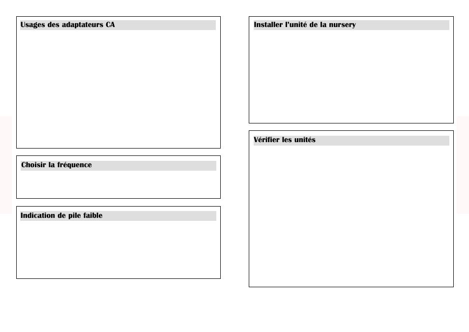 Usages des adaptateurs ca, Choisir la fréquence, Installer l’unité de la nursery | Vérifier les unités, Indication de pile faible | Graco Nursery Monitor User Manual | Page 14 / 27