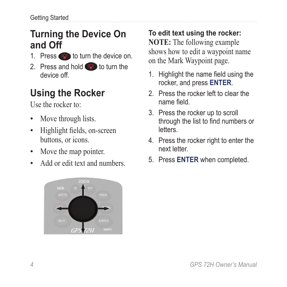 Turning the device on and off, Using the rocker | Garmin GPS 72H User Manual | Page 10 / 56