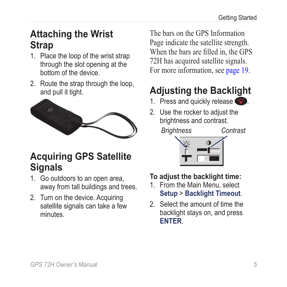 Attaching the wrist strap, Acquiring gps satellite signals, Adjusting the backlight | Garmin GPS 72H User Manual | Page 11 / 56