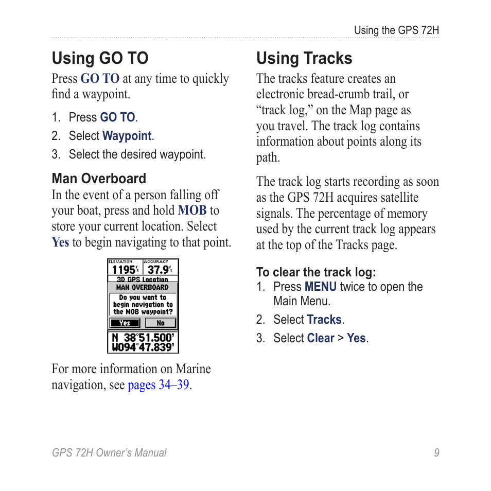 Using go to, Using tracks | Garmin GPS 72H User Manual | Page 15 / 56