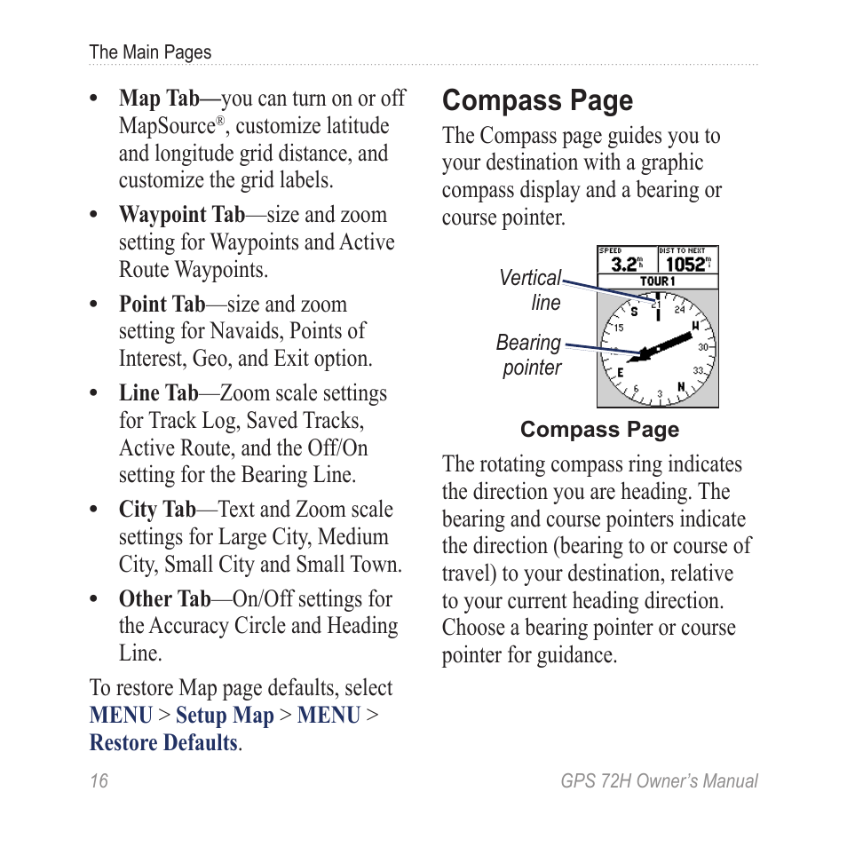 Compass page | Garmin GPS 72H User Manual | Page 22 / 56