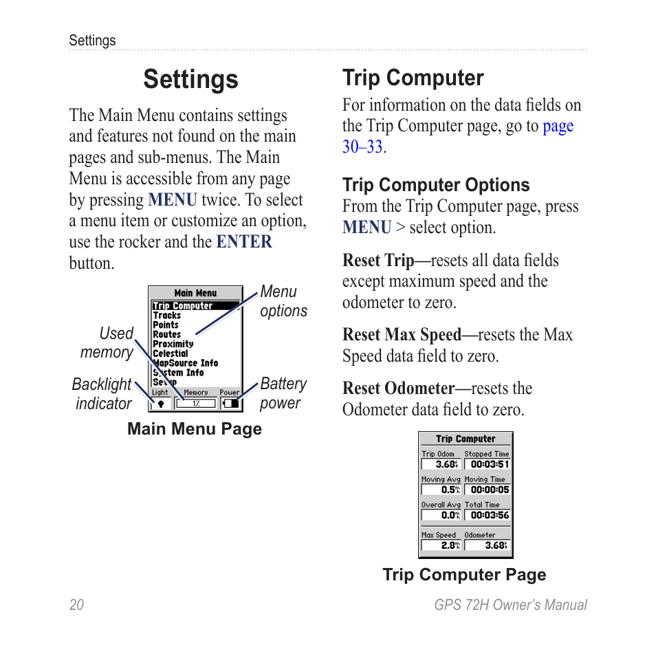 Settings, Trip computer | Garmin GPS 72H User Manual | Page 26 / 56