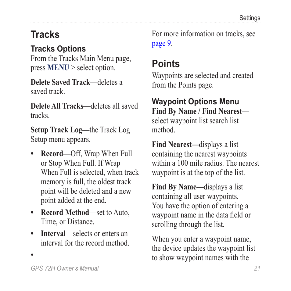 Tracks, Points | Garmin GPS 72H User Manual | Page 27 / 56