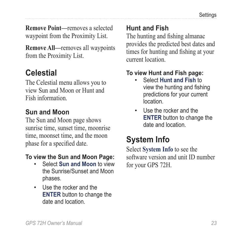 Celestial, System info | Garmin GPS 72H User Manual | Page 29 / 56