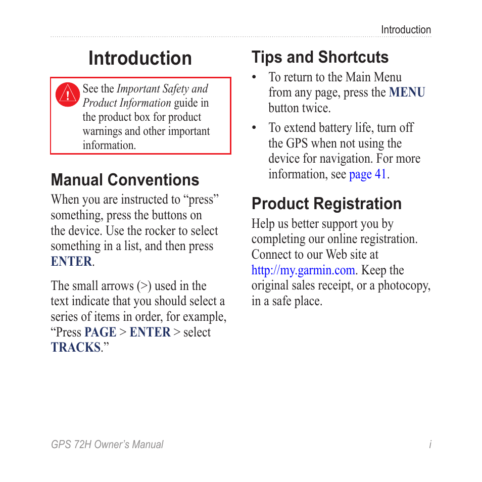 Introduction, Manual conventions, Tips and shortcuts | Product registration | Garmin GPS 72H User Manual | Page 3 / 56