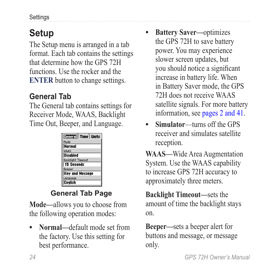 Setup | Garmin GPS 72H User Manual | Page 30 / 56