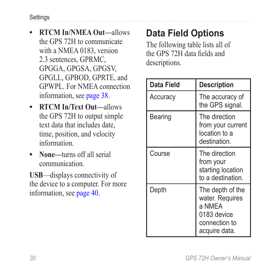 Data field options | Garmin GPS 72H User Manual | Page 36 / 56