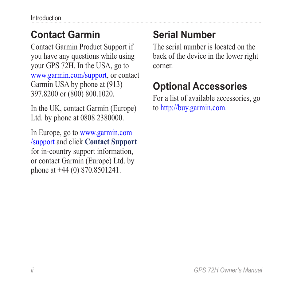 Contact garmin, Serial number, Optional accessories | Garmin GPS 72H User Manual | Page 4 / 56