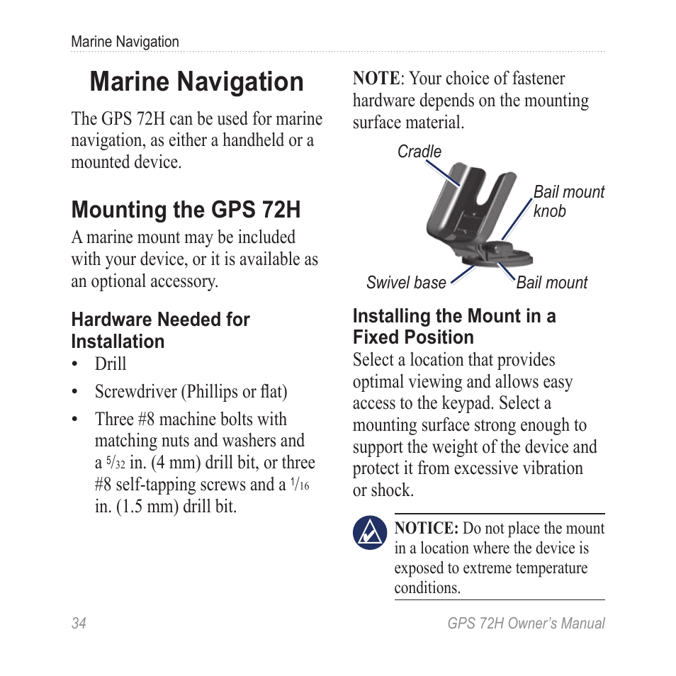 Marine navigation, Mounting the gps 72h | Garmin GPS 72H User Manual | Page 40 / 56