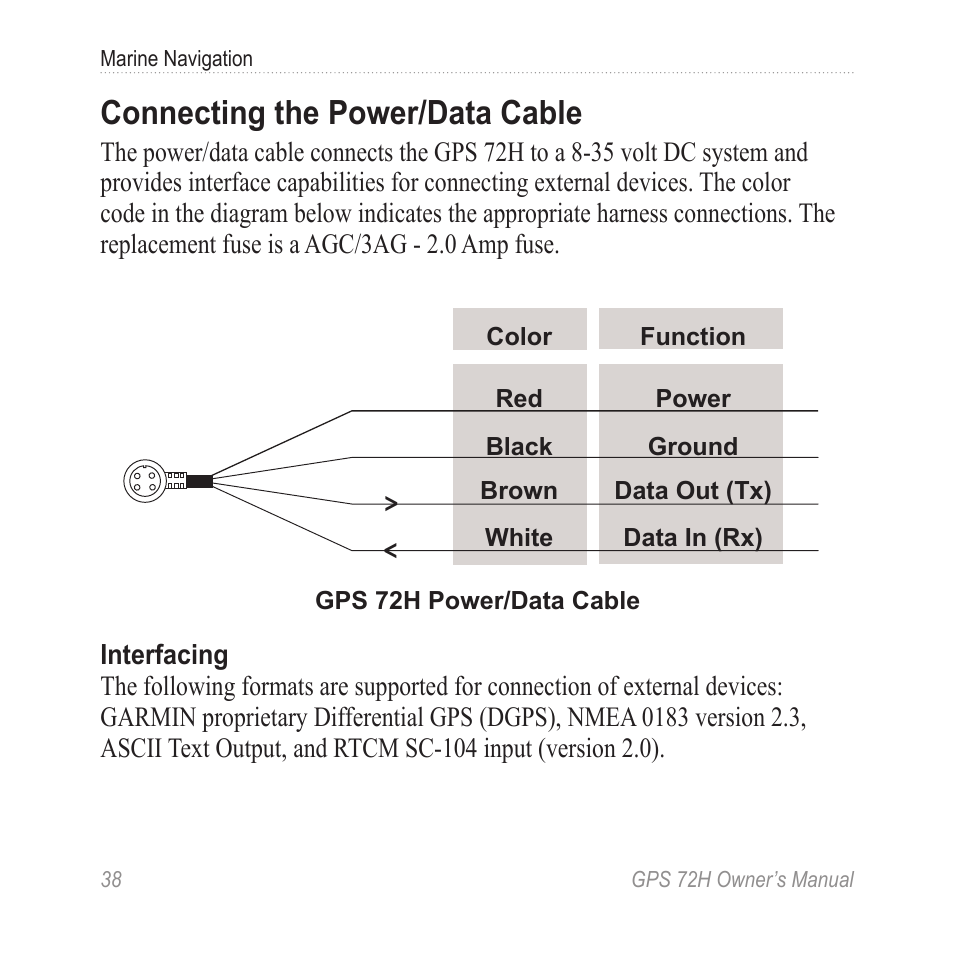 Connecting the power/data cable, Connecting the power/data, Cable | Data. see | Garmin GPS 72H User Manual | Page 44 / 56