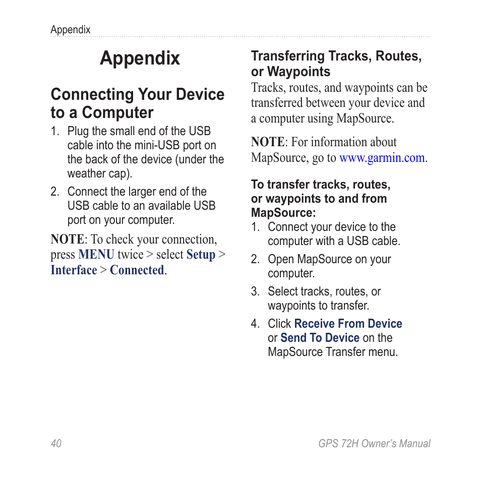 Appendix, Connecting your device to a computer, Connecting your device to a | Computer, Information, see | Garmin GPS 72H User Manual | Page 46 / 56