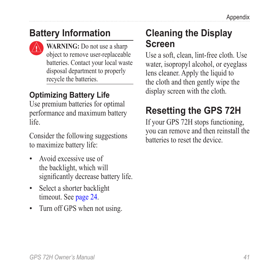 Battery information, Cleaning the display screen, Resetting the gps 72h | And 41 | Garmin GPS 72H User Manual | Page 47 / 56