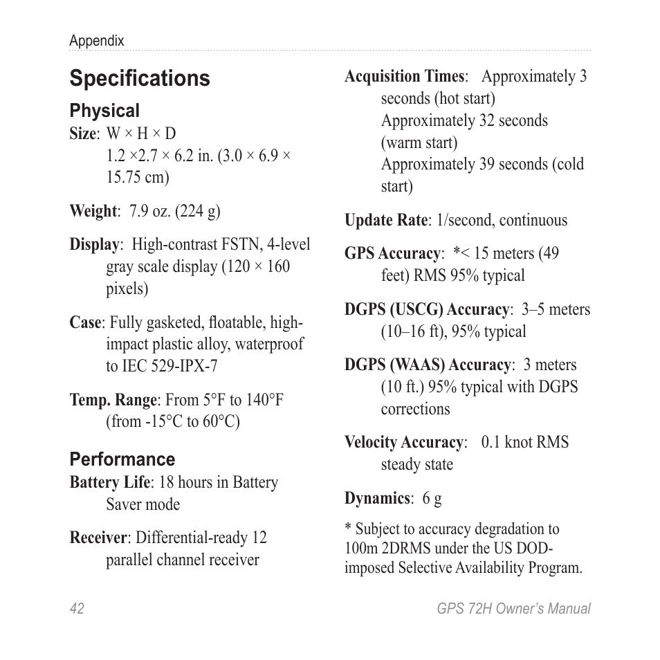 Specifications | Garmin GPS 72H User Manual | Page 48 / 56