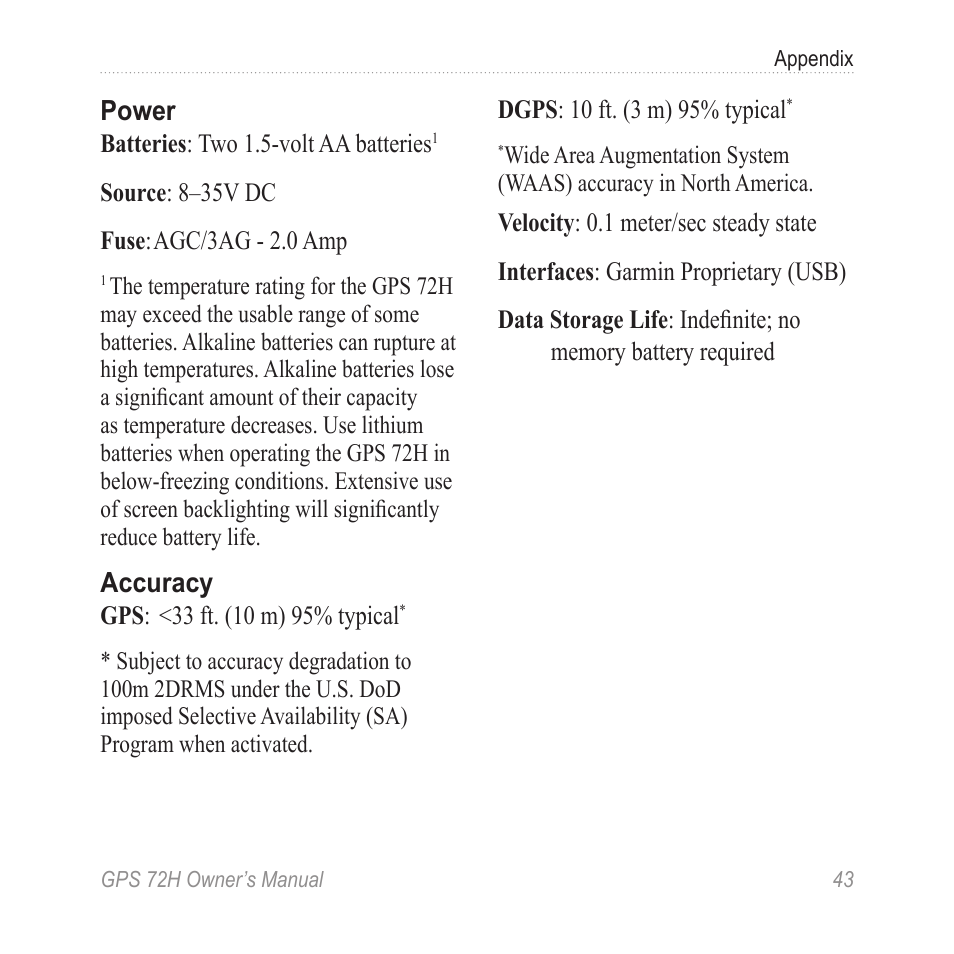 Power, Accuracy | Garmin GPS 72H User Manual | Page 49 / 56