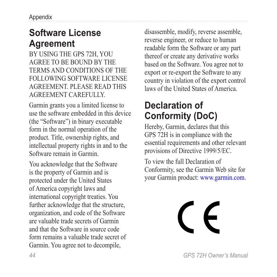 Software license agreement, Declaration of conformity (doc), Declaration of conformity | Doc) | Garmin GPS 72H User Manual | Page 50 / 56