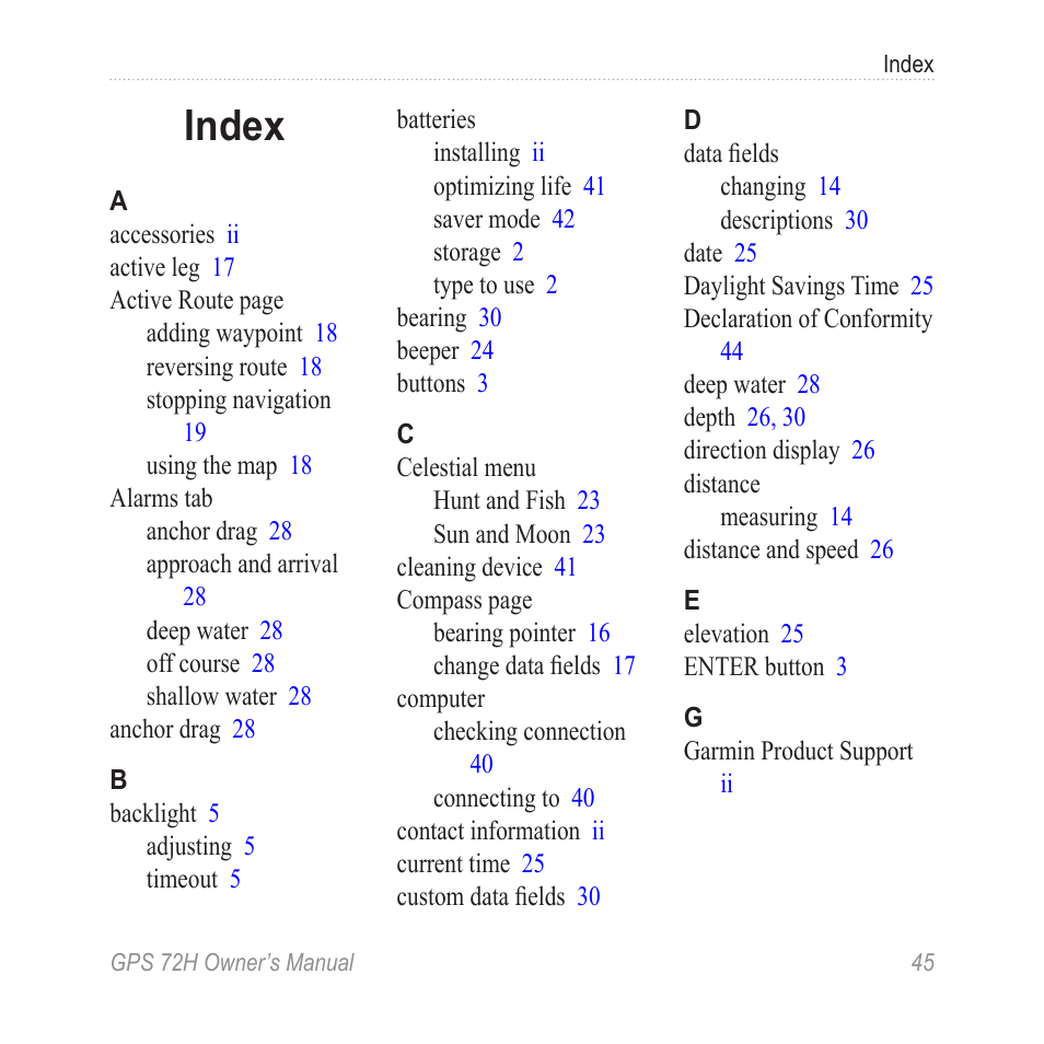 Index | Garmin GPS 72H User Manual | Page 51 / 56