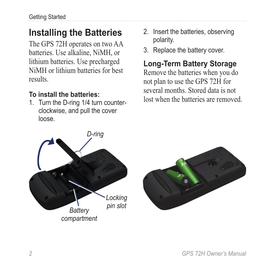 Installing the batteries | Garmin GPS 72H User Manual | Page 8 / 56