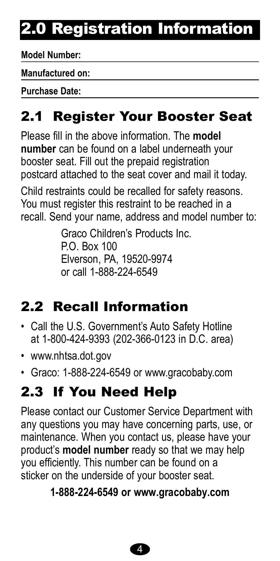 0 registration information, 1 register your booster seat 2.3 if you need help, 2 recall information | Graco 8481 User Manual | Page 4 / 20