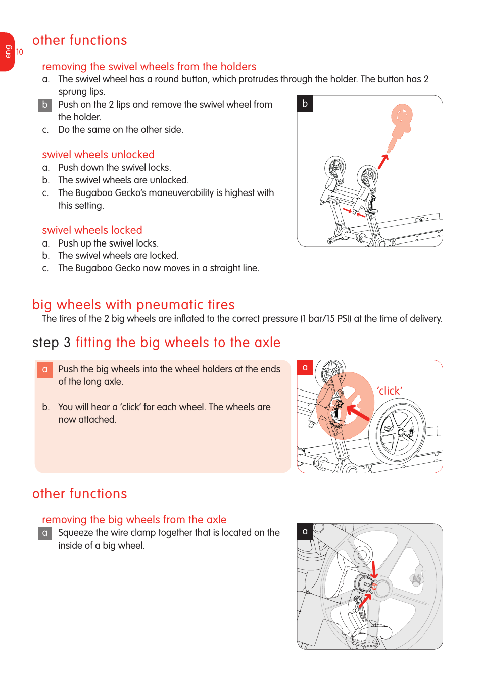 Other functions, Big wheels with pneumatic tires, Step  fitting the big wheels to the axle | Graco Bugaboo Stroller User Manual | Page 12 / 42