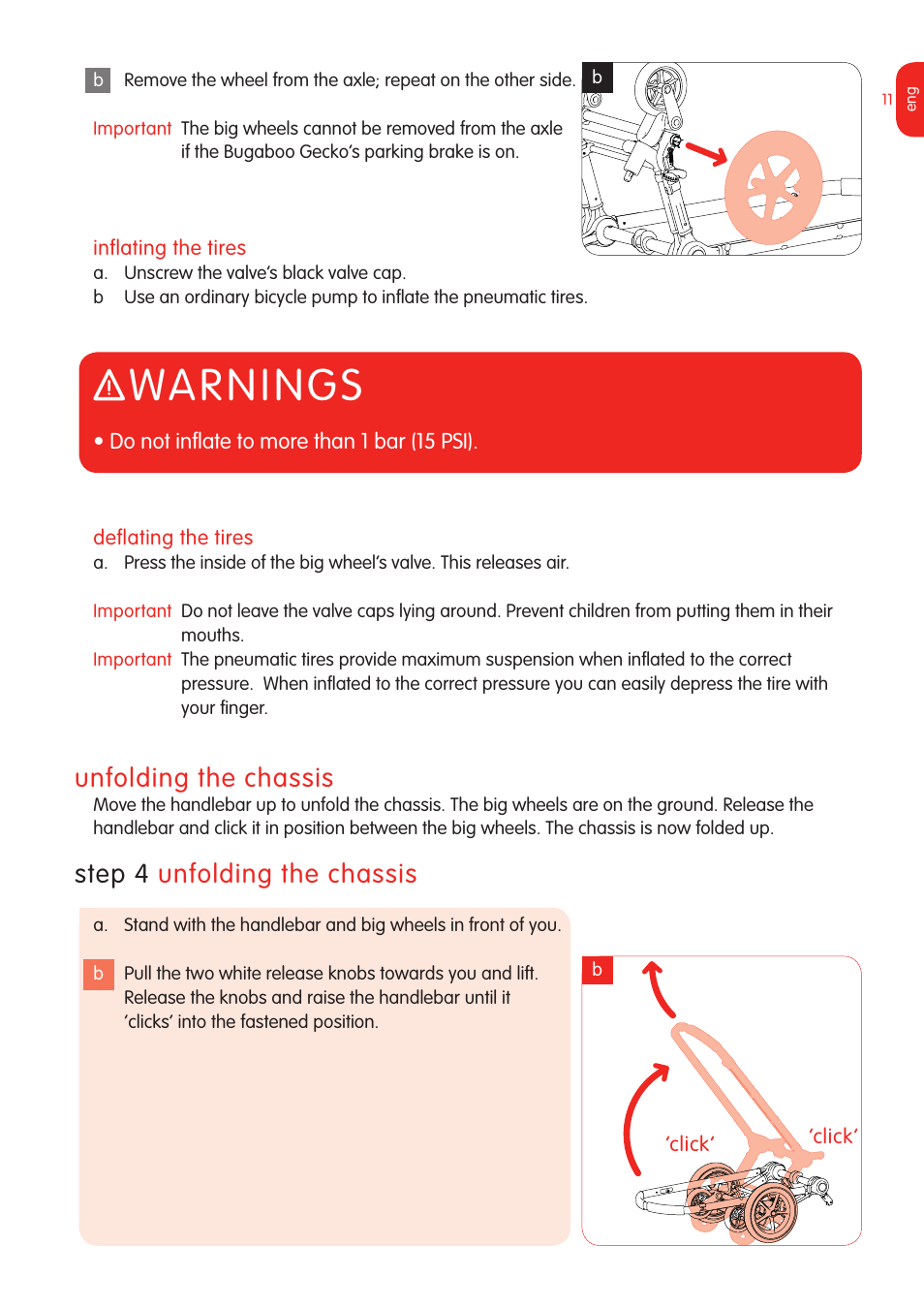 Warnings, Unfolding the chassis, Step 4 unfolding the chassis | Graco Bugaboo Stroller User Manual | Page 13 / 42