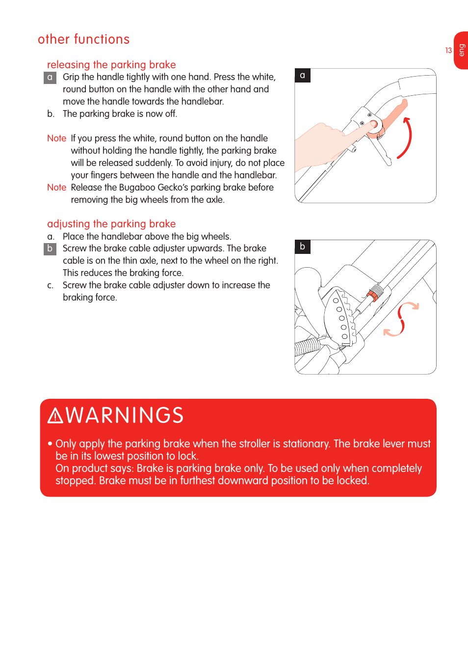 Warnings, Other functions | Graco Bugaboo Stroller User Manual | Page 15 / 42