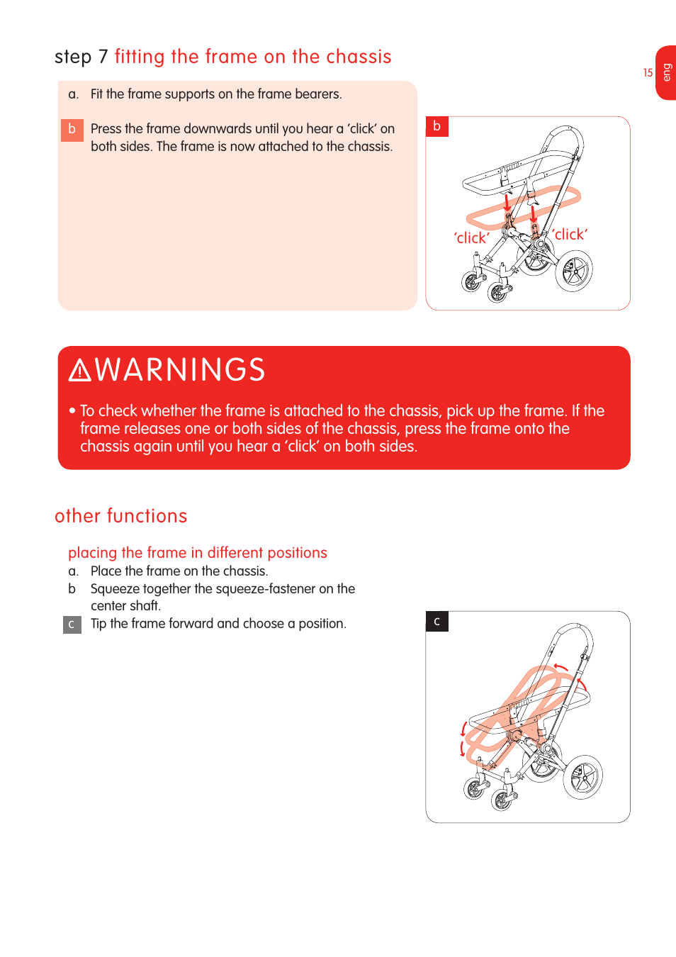 Warnings, Step 7 fitting the frame on the chassis, Other functions | Graco Bugaboo Stroller User Manual | Page 17 / 42