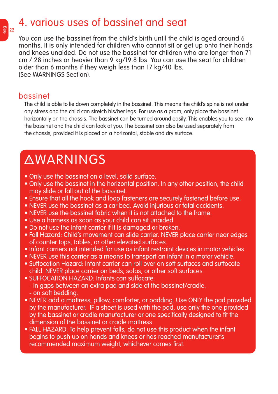 Warnings, Various uses of bassinet and seat, Bassinet | Graco Bugaboo Stroller User Manual | Page 24 / 42