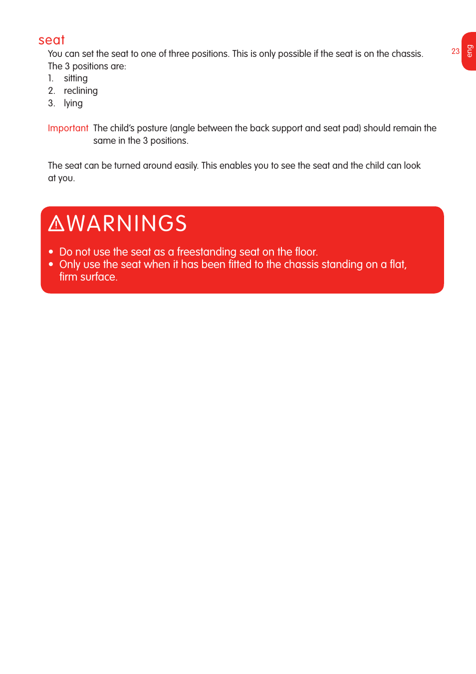 Warnings, Seat | Graco Bugaboo Stroller User Manual | Page 25 / 42