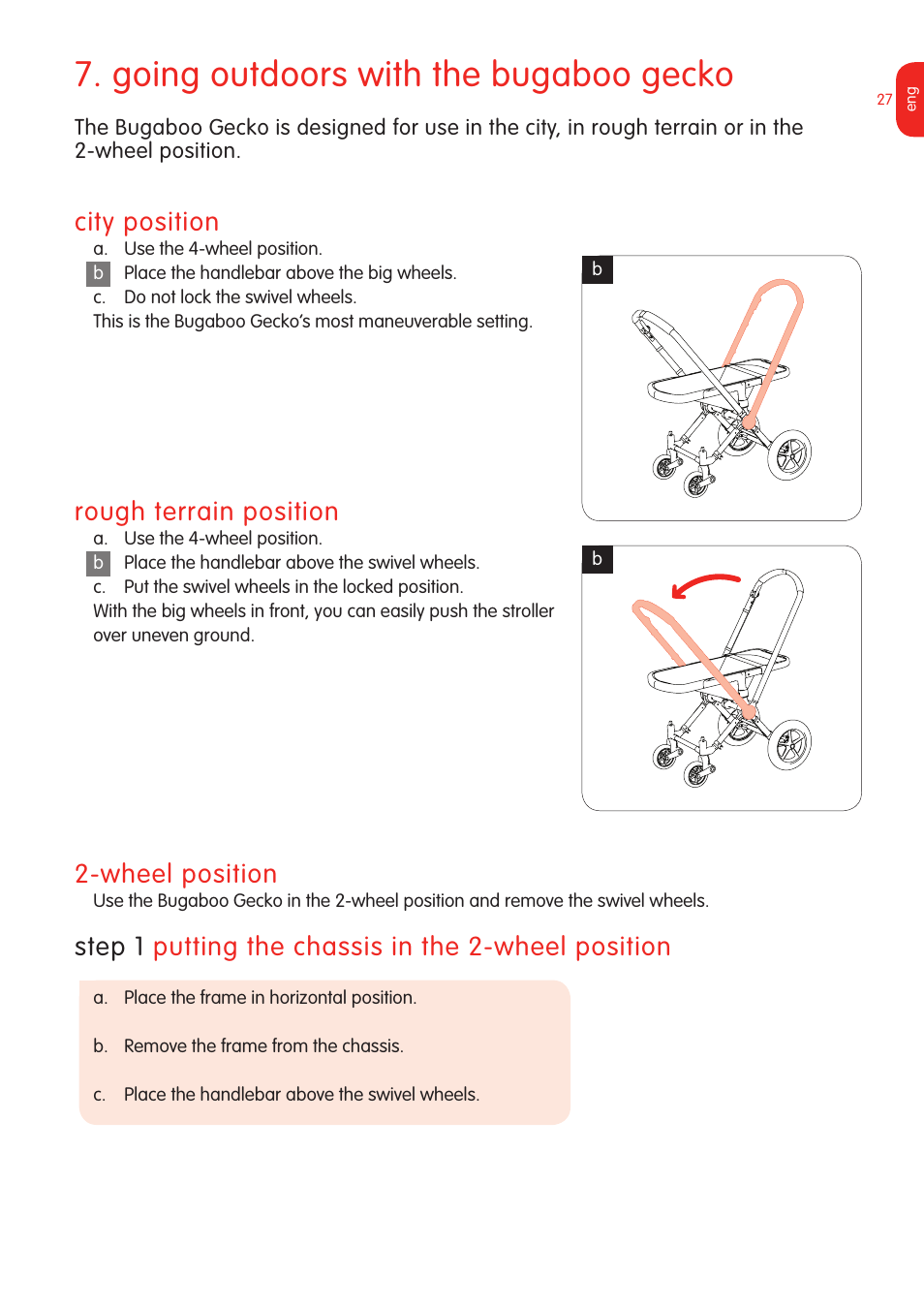Going outdoors with the bugaboo gecko, City position, Rough terrain position | Wheel position, Step  putting the chassis in the 2-wheel position | Graco Bugaboo Stroller User Manual | Page 29 / 42