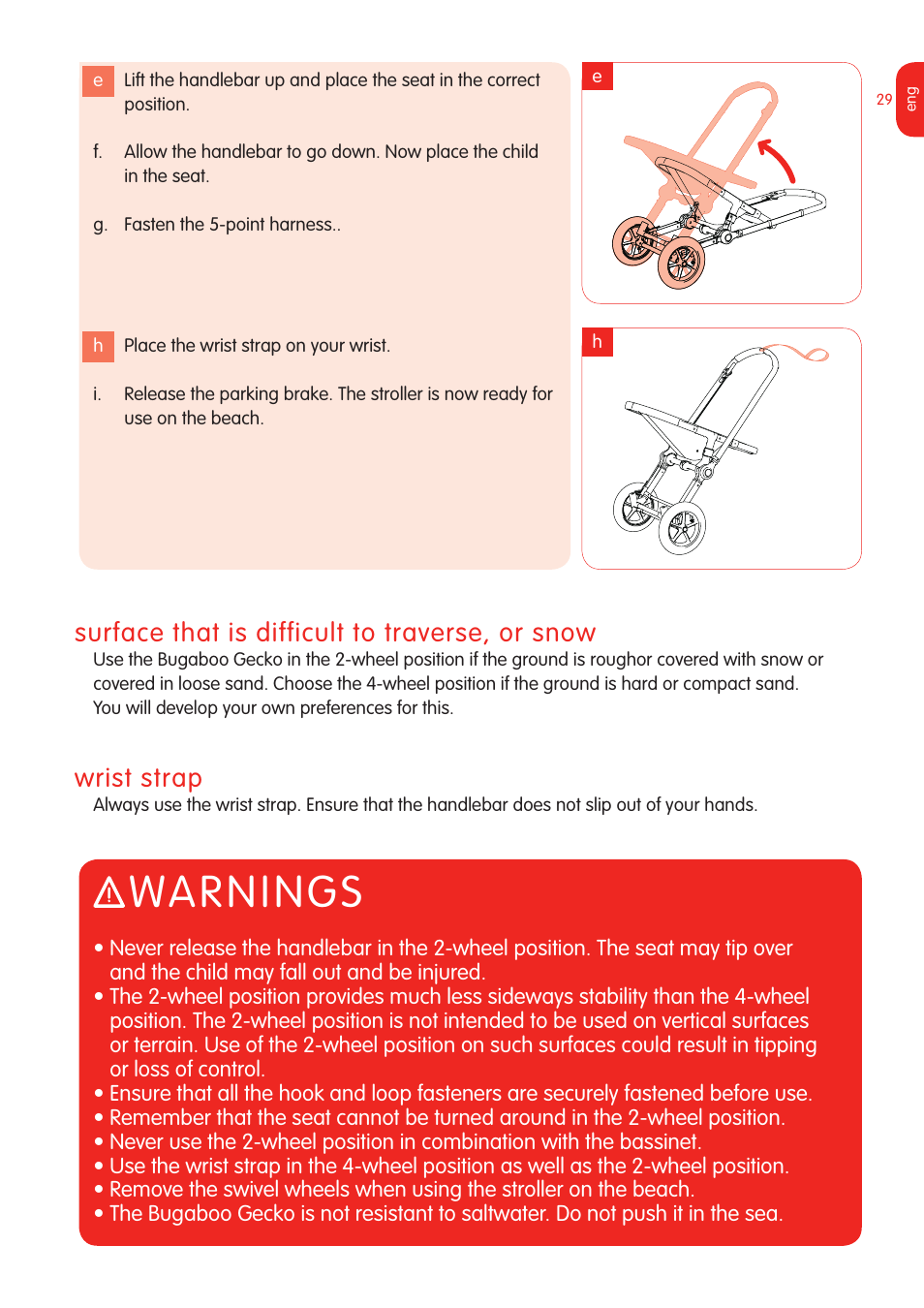 Warnings, Surface that is difficult to traverse, or snow, Wrist strap | Graco Bugaboo Stroller User Manual | Page 31 / 42