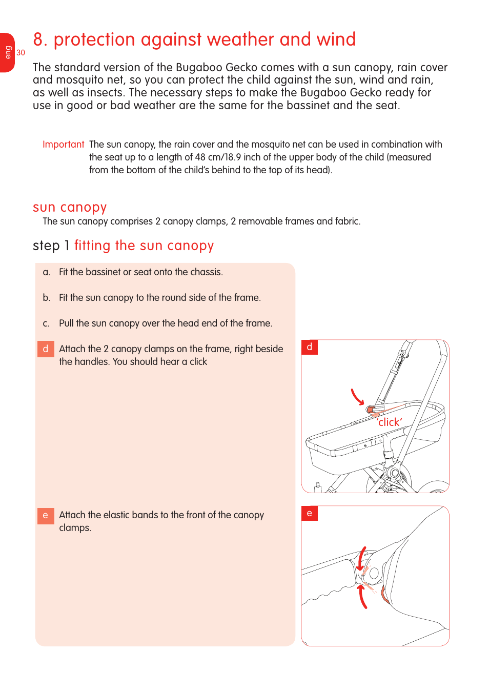 Protection against weather and wind, Sun canopy, Step  fitting the sun canopy | Graco Bugaboo Stroller User Manual | Page 32 / 42