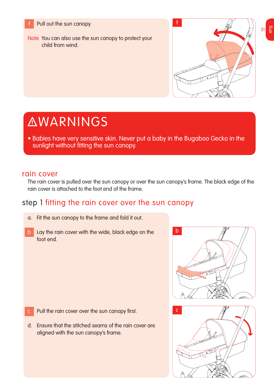 Warnings, Rain cover, Step  fitting the rain cover over the sun canopy | Graco Bugaboo Stroller User Manual | Page 33 / 42