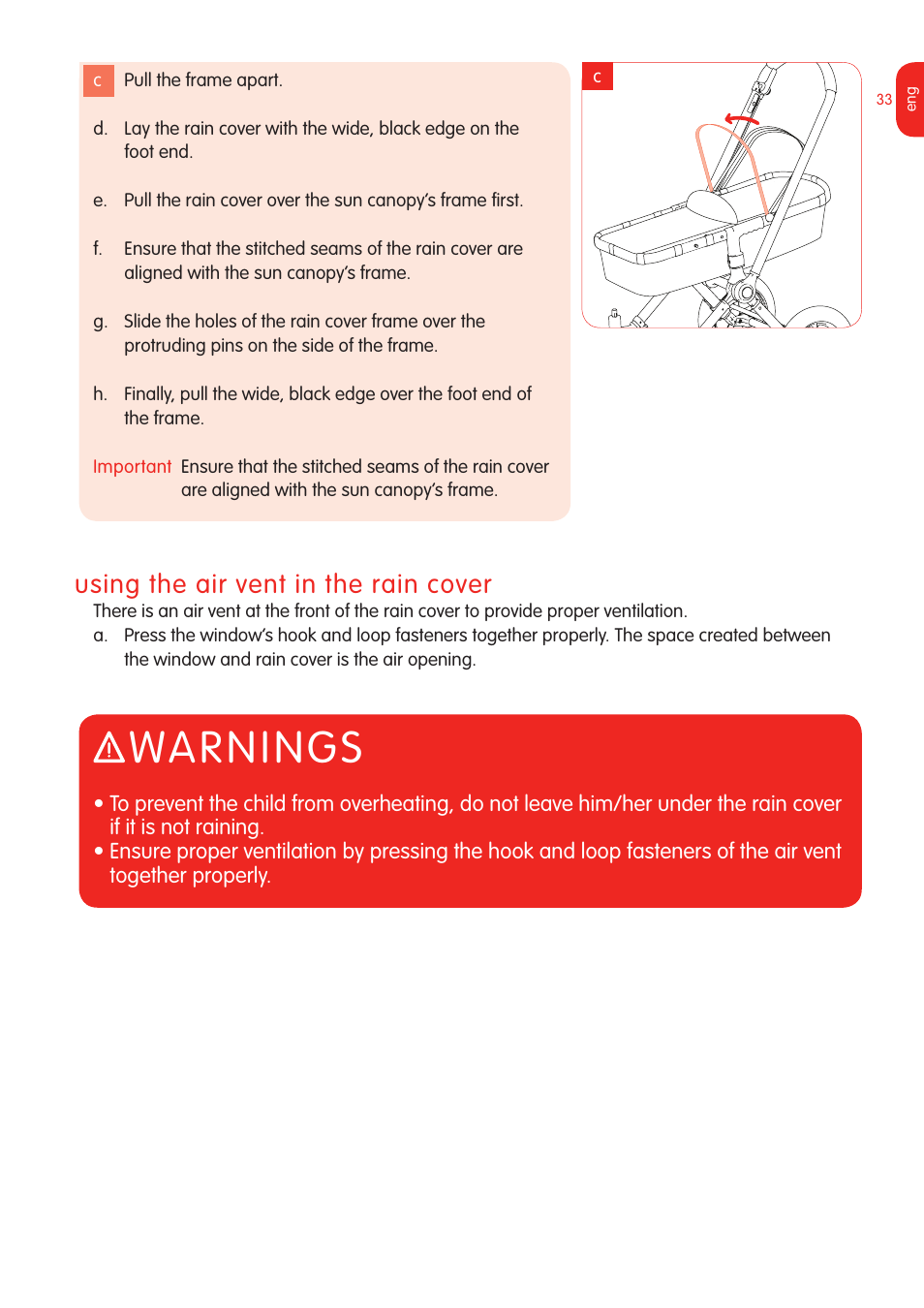 Warnings, Using the air vent in the rain cover | Graco Bugaboo Stroller User Manual | Page 35 / 42