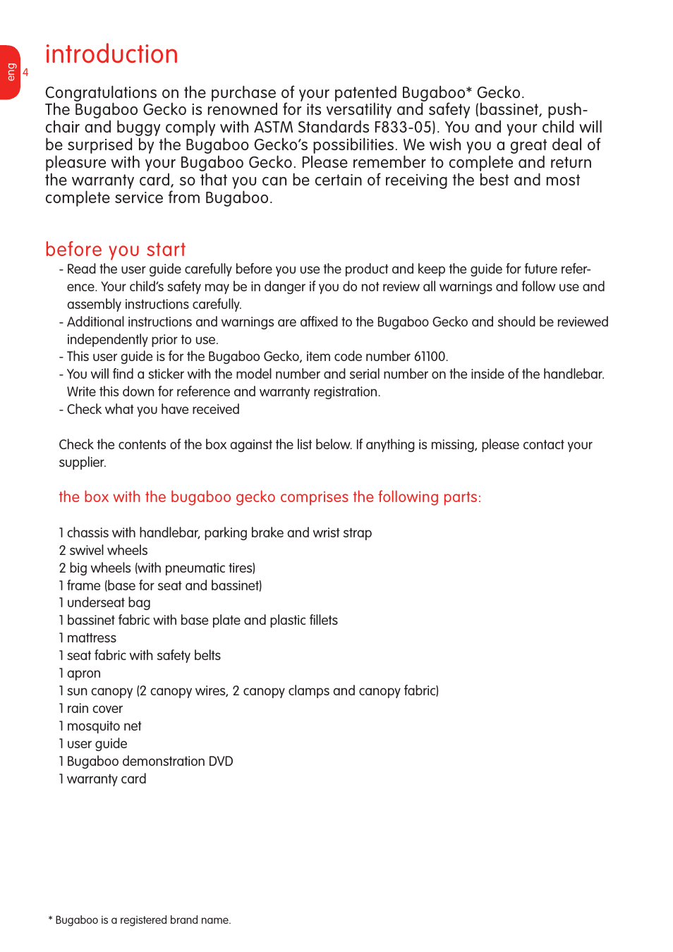Introduction, Before you start | Graco Bugaboo Stroller User Manual | Page 6 / 42