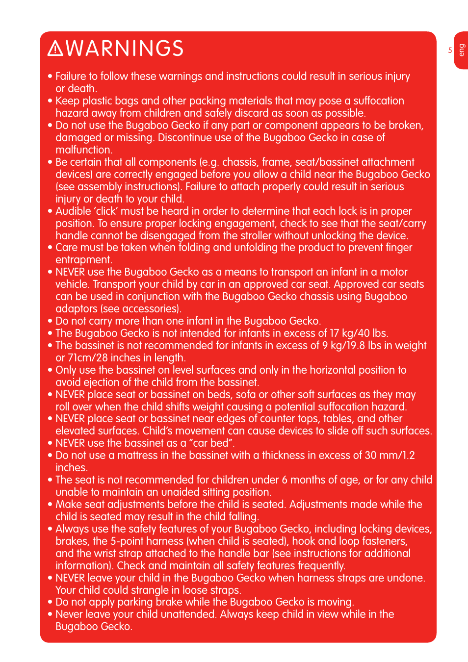Warnings | Graco Bugaboo Stroller User Manual | Page 7 / 42