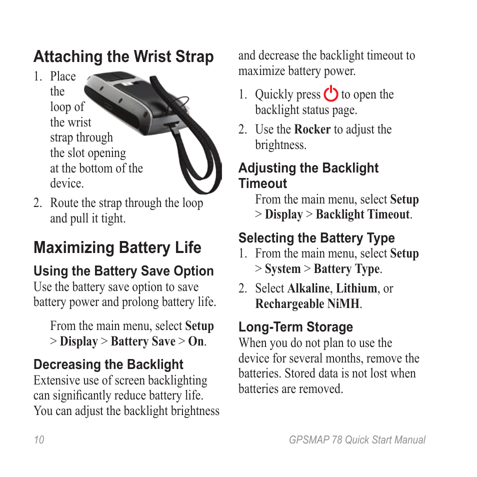 Attaching the wrist strap, Maximizing battery life | Garmin GPSMAP ® 78 series User Manual | Page 10 / 12