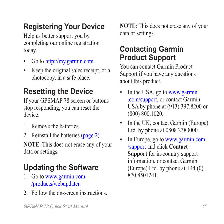 Registering your device, Resetting the device, Updating the software | Contacting garmin product support | Garmin GPSMAP ® 78 series User Manual | Page 11 / 12