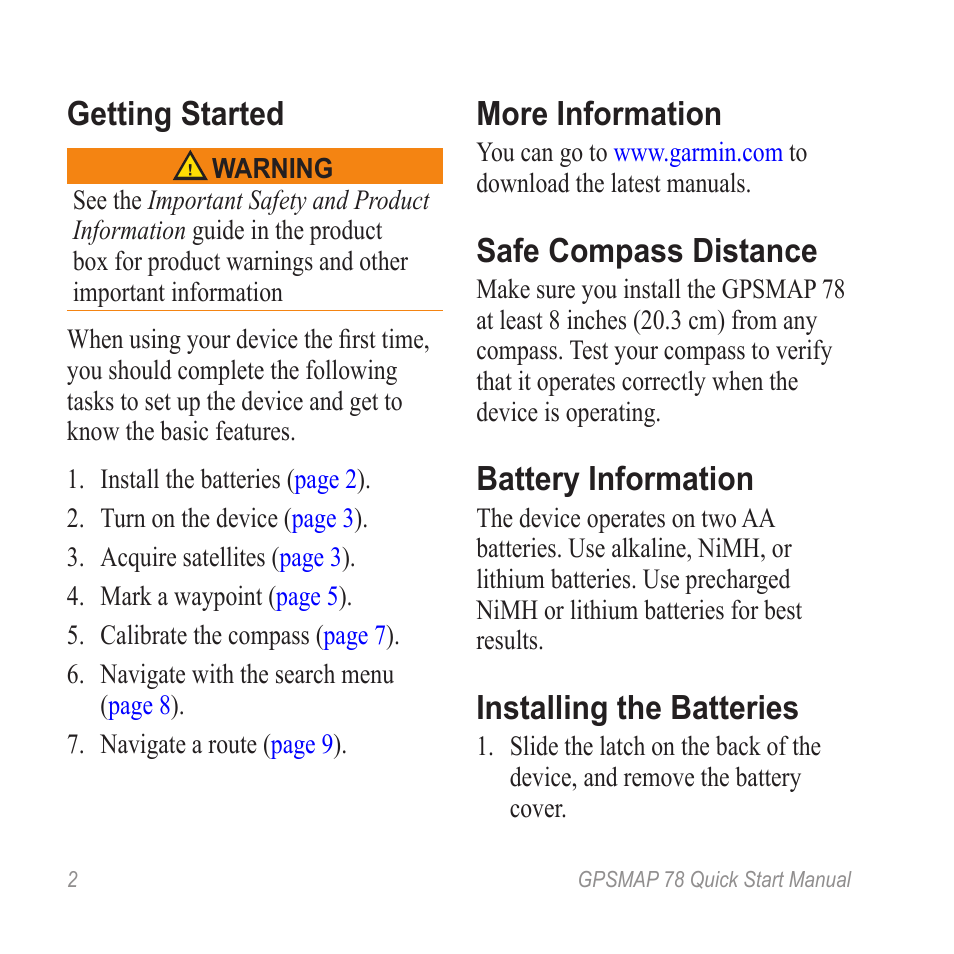 Getting started, More information, Safe compass distance | Battery information, Installing the batteries | Garmin GPSMAP ® 78 series User Manual | Page 2 / 12