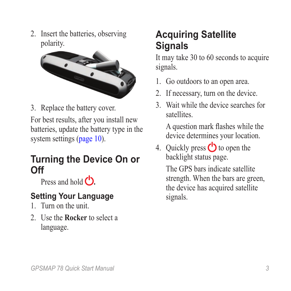Turning the device on or off, Acquiring satellite signals | Garmin GPSMAP ® 78 series User Manual | Page 3 / 12