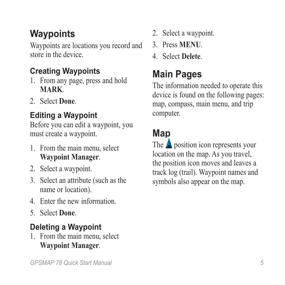 Mark a waypoint, Waypoints, Main pages | Garmin GPSMAP ® 78 series User Manual | Page 5 / 12