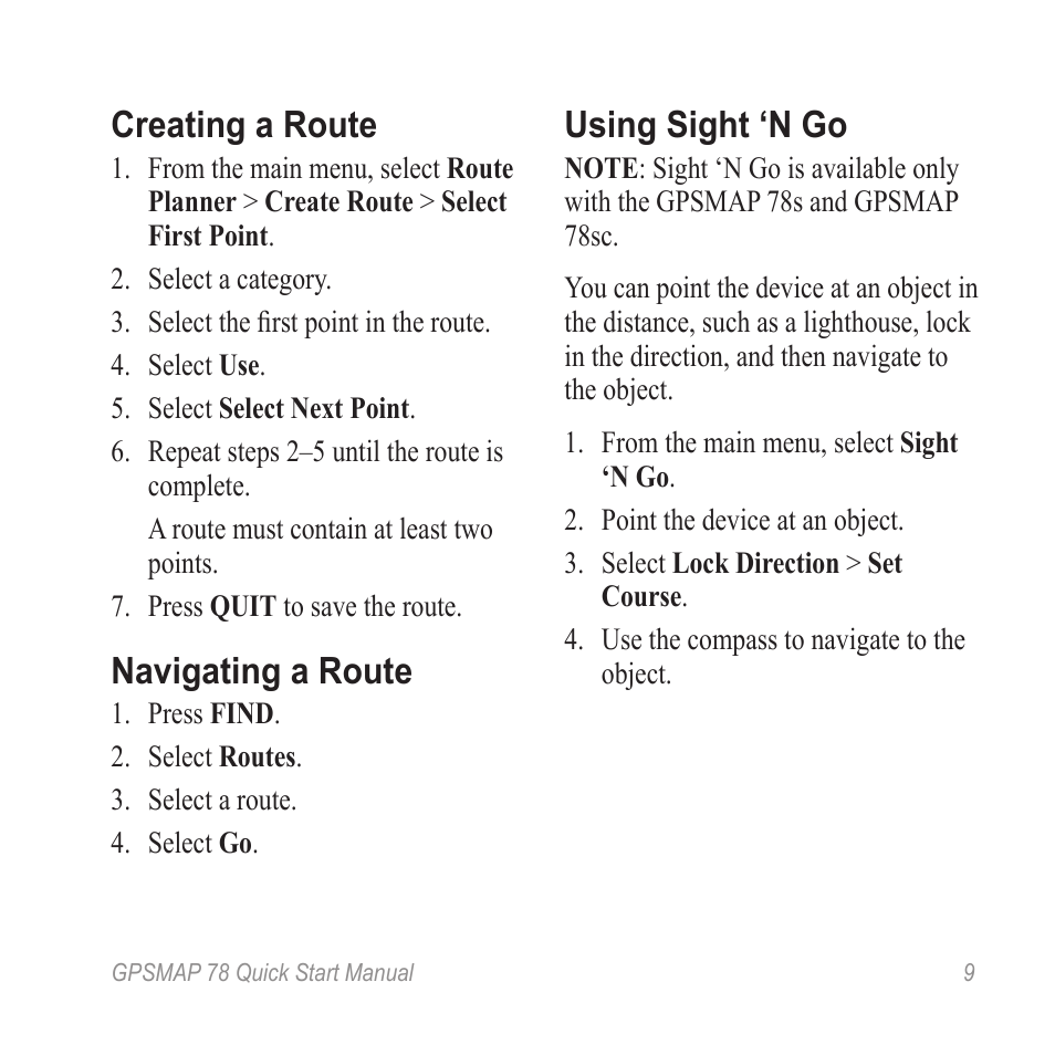 Creating a route, Navigating a route, Using sight ‘n go | Garmin GPSMAP ® 78 series User Manual | Page 9 / 12