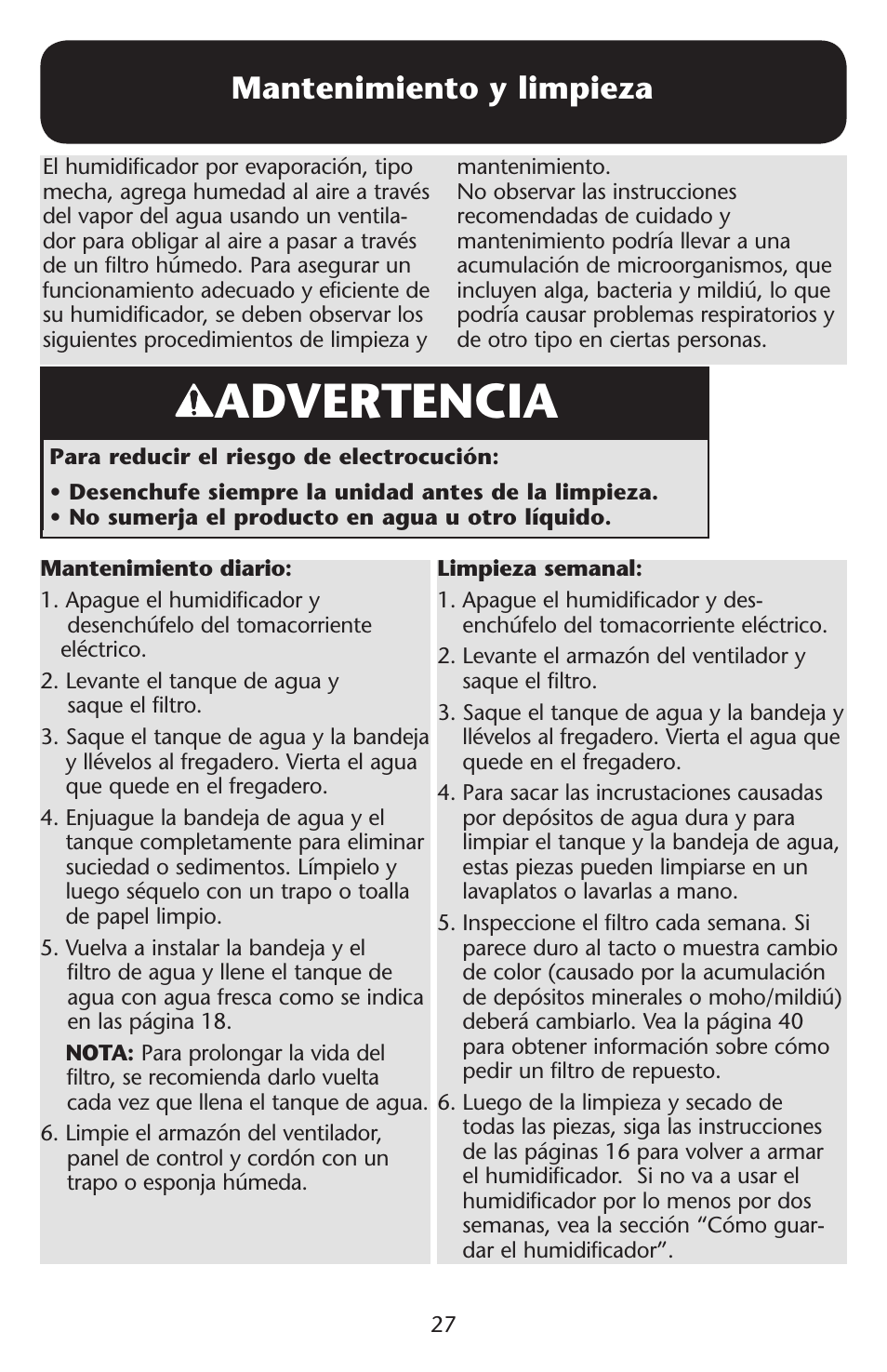 Advertencia, Mantenimiento y limpieza | Graco ISPD023AB User Manual | Page 27 / 40