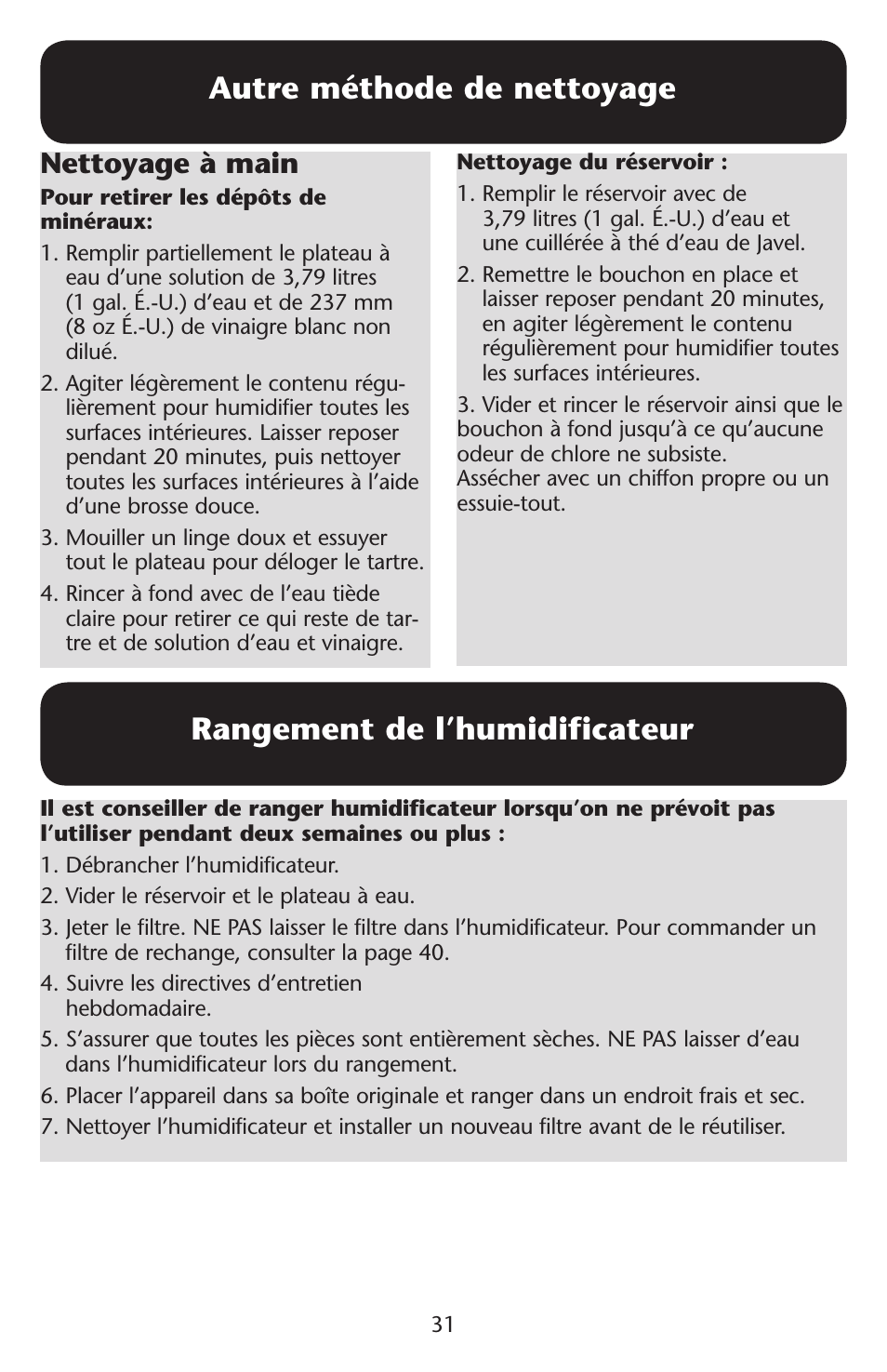 Autre méthode de nettoyage, Rangement de l’humidificateur, Nettoyage à main | Graco ISPD023AB User Manual | Page 31 / 40