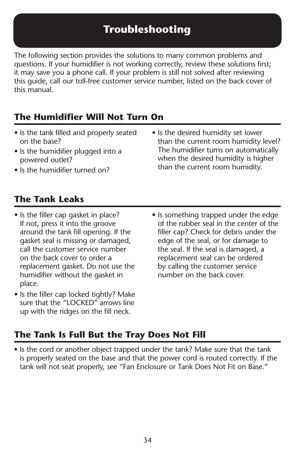 Troubleshooting, The humidifier will not turn on, The tank leaks | The tank is full but the tray does not fill | Graco ISPD023AB User Manual | Page 34 / 40