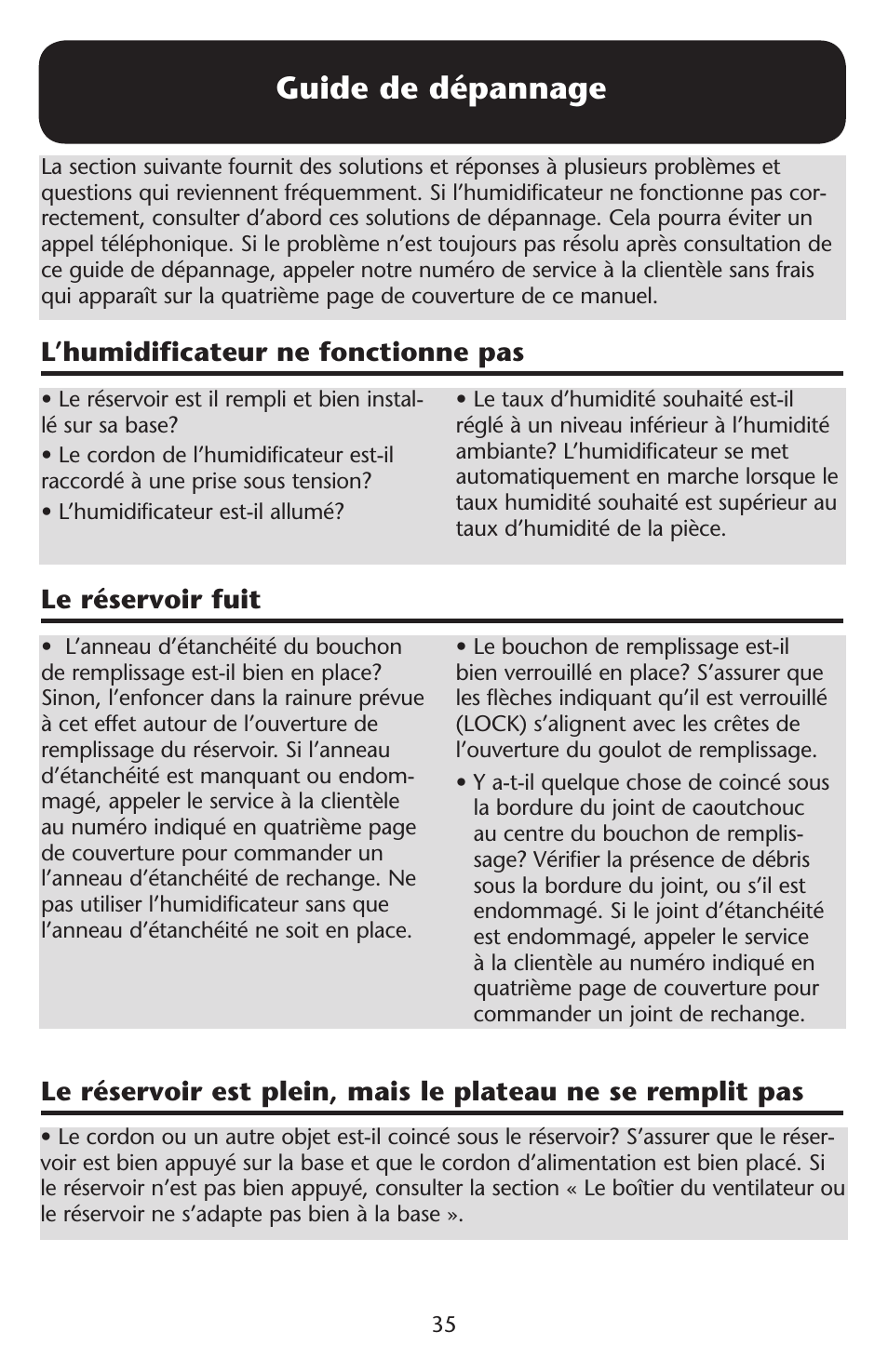 Guide de dépannage, L’humidificateur ne fonctionne pas, Le réservoir fuit | Graco ISPD023AB User Manual | Page 35 / 40