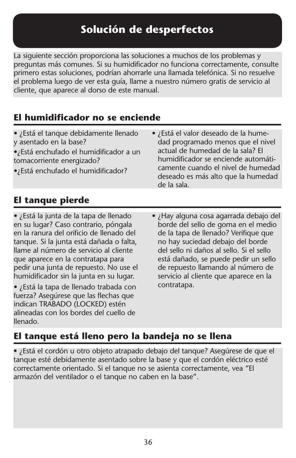 Solución de desperfectos, El humidificador no se enciende, El tanque pierde | El tanque está lleno pero la bandeja no se llena | Graco ISPD023AB User Manual | Page 36 / 40